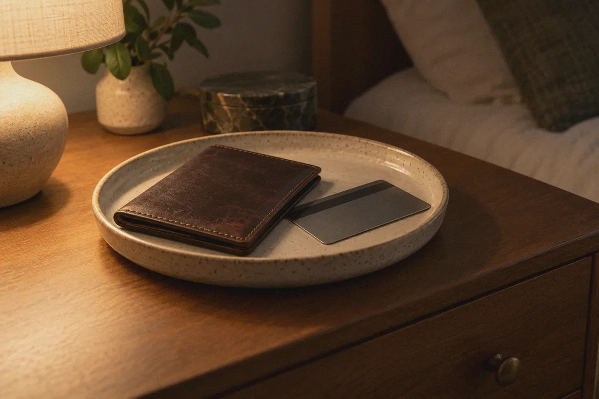 Identity-document holder and face-down payment card in a tray.