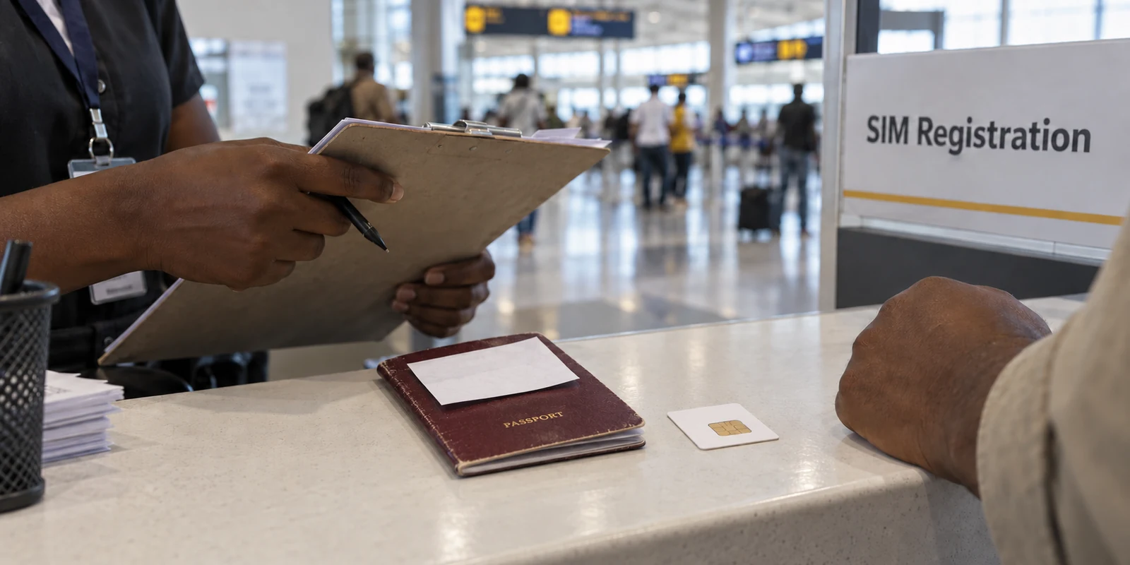 A visitor registering a SIM with a passport at a Ghana airport kiosk.