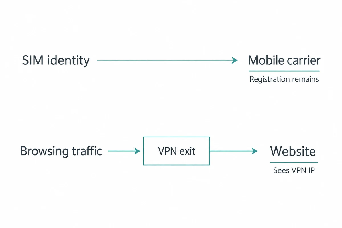 Separate identity and web-routing layers showing that SIM registration remains with the carrier.