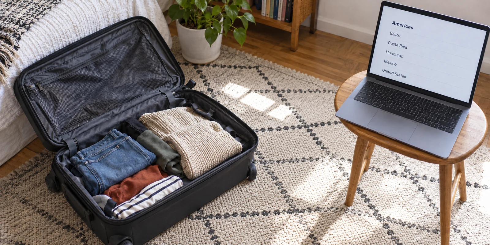A traveler prepares a suitcase beside a laptop country list without Guatemala.