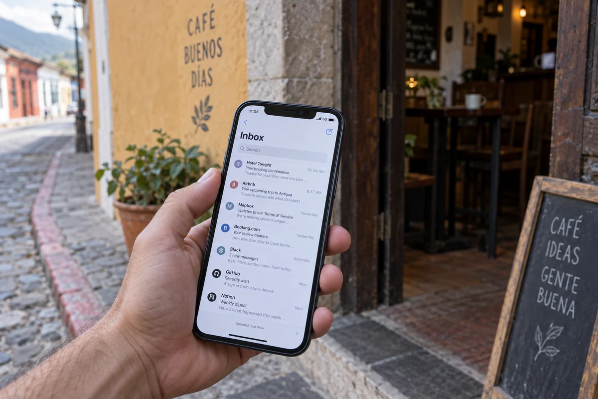 A phone uses mobile data outside an Antigua café.