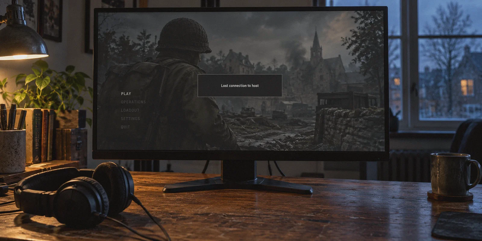 A monitor displays the host connection error after a match disconnect.