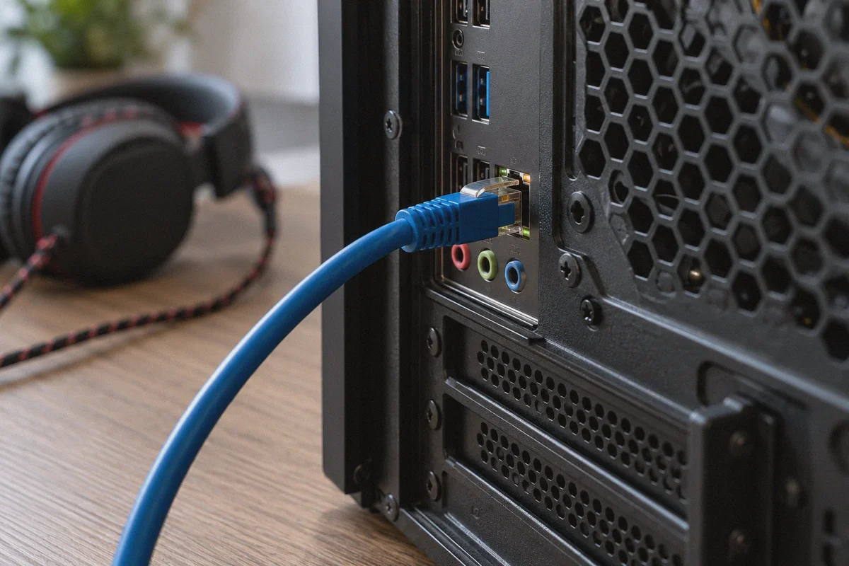 A wired network connection at the back of a gaming PC.