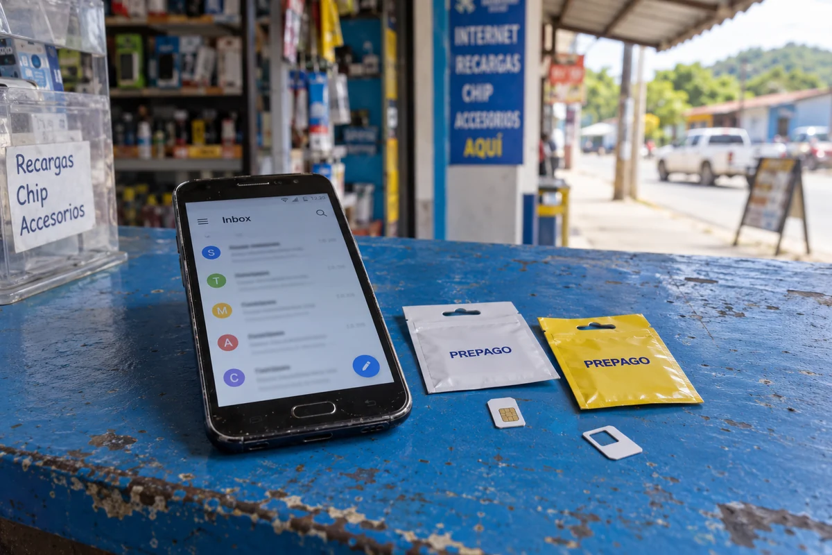 A used phone and prepaid SIM packets on a mobile kiosk counter.