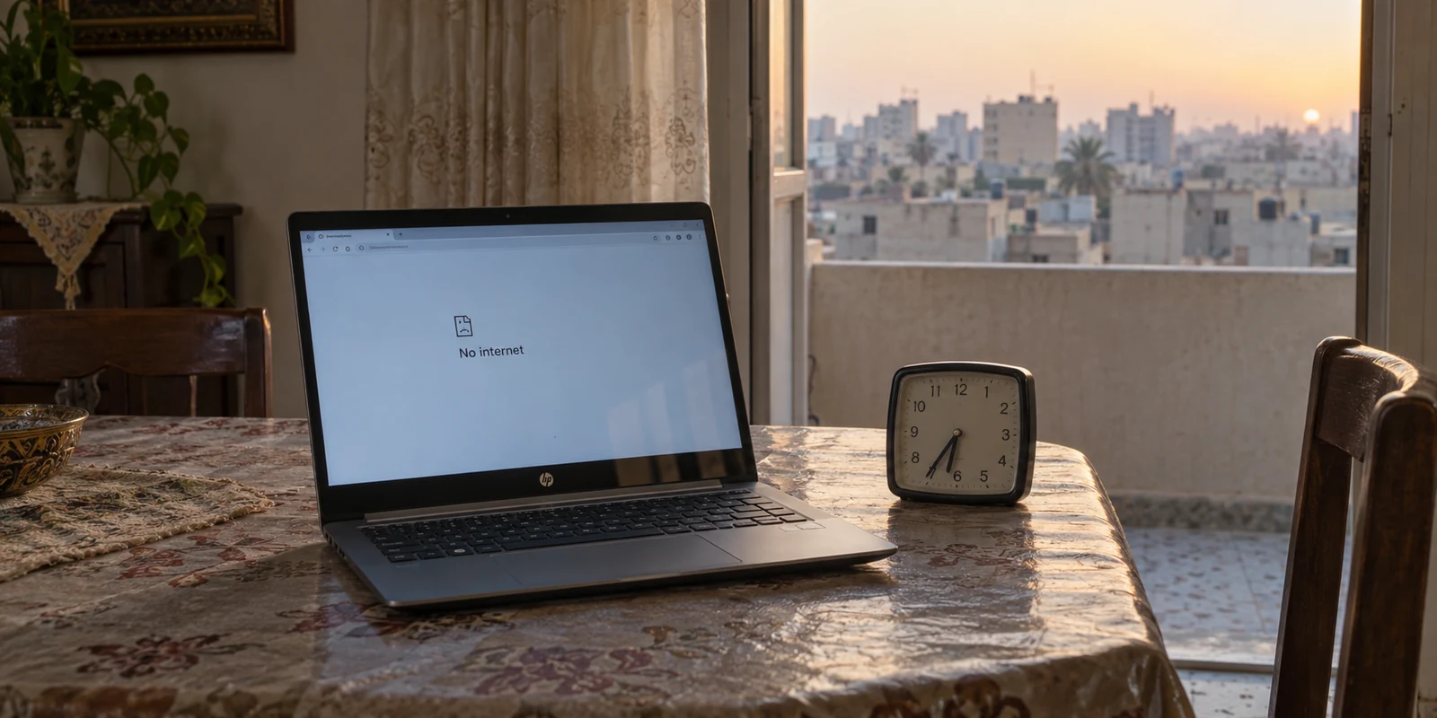 A laptop without internet beside an early-morning clock in a Baghdad home.