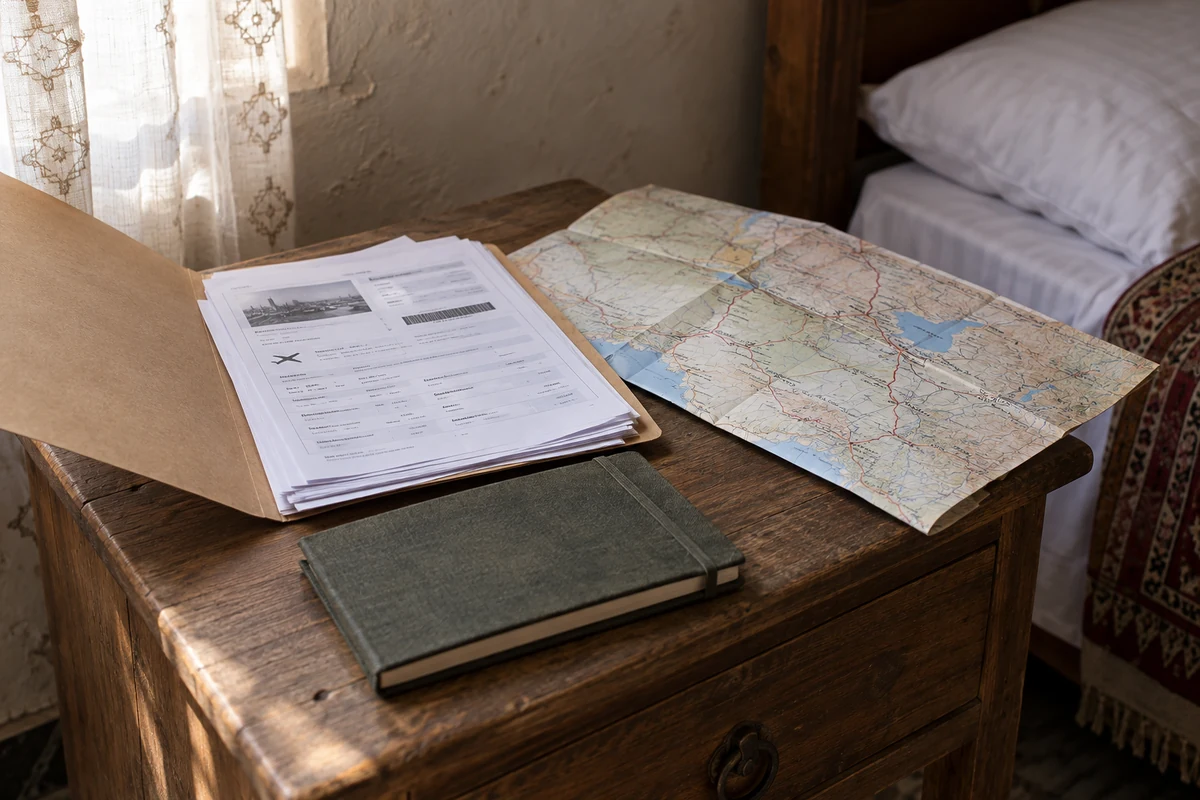 Travel documents and a folded road map prepared for use without internet access.
