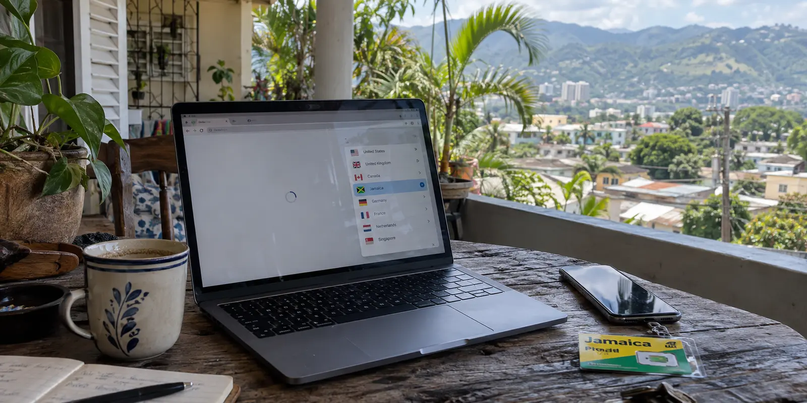 A laptop in Kingston selects Jamaica while the page continues loading on a veranda overlooking the city.