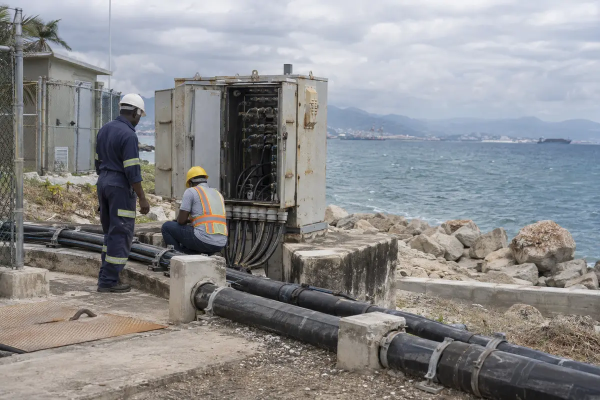 Technicians inspect coastal telecommunications infrastructure connecting Jamaica to overseas networks.
