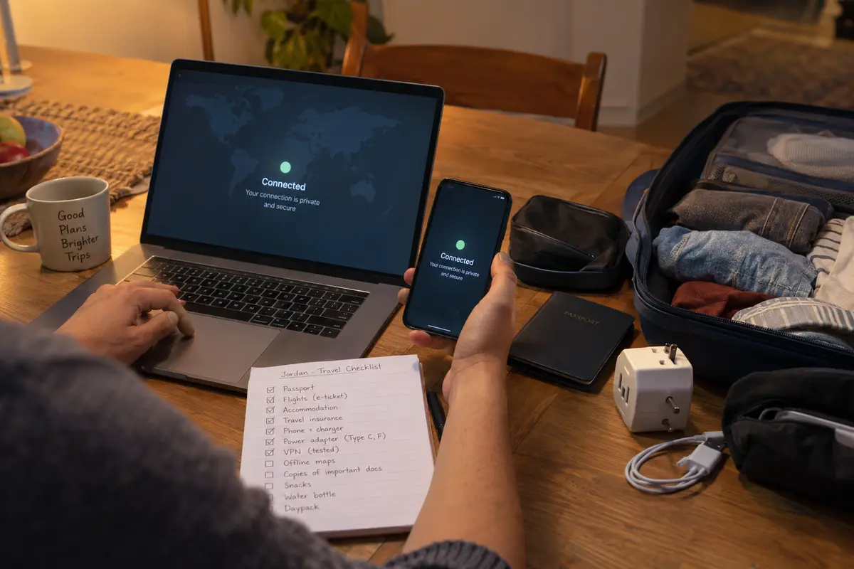 A traveler tests VPN connections on a phone and laptop while packing for Jordan.