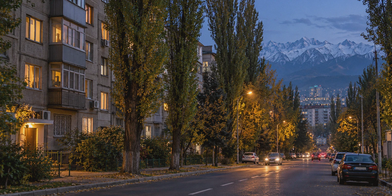 An Almaty residential avenue beneath the distant Tian Shan mountains.