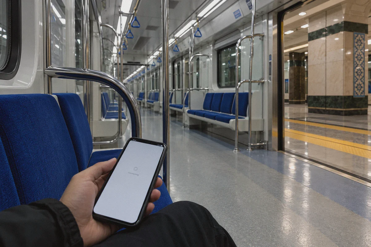 A phone waiting for a connection in an Almaty metro carriage.