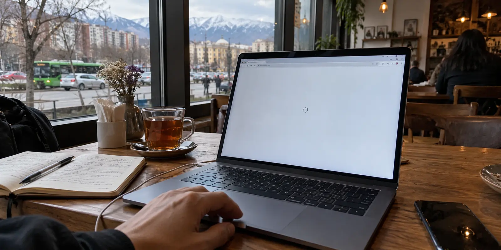 A laptop browser stalls on café Wi-Fi in Almaty, with the city and snowy foothills beyond.