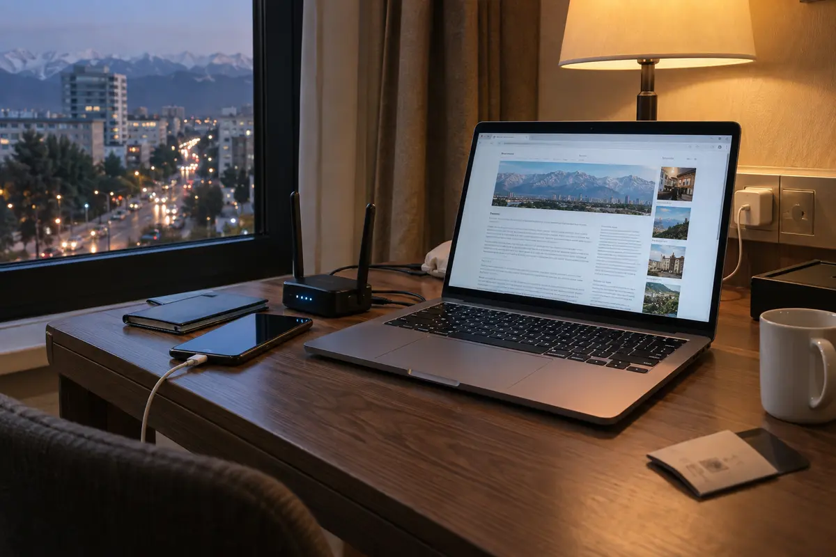 A travel router, phone, and laptop maintain a working connection from an Almaty hotel room.