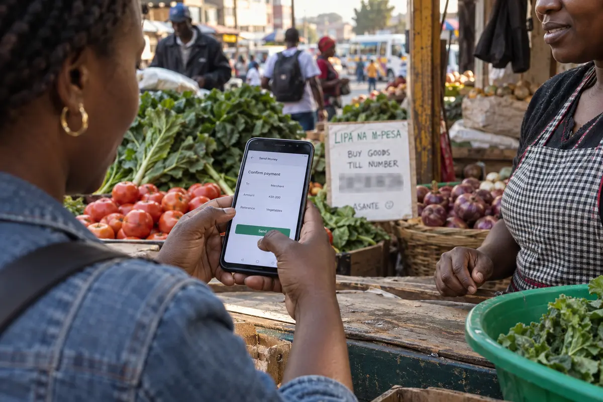 A shopper completes a mobile-money payment by phone at a Nairobi produce market.