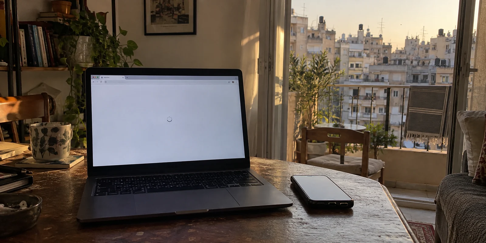 A laptop browser stalls despite a connected Wi-Fi network in a Beirut apartment.