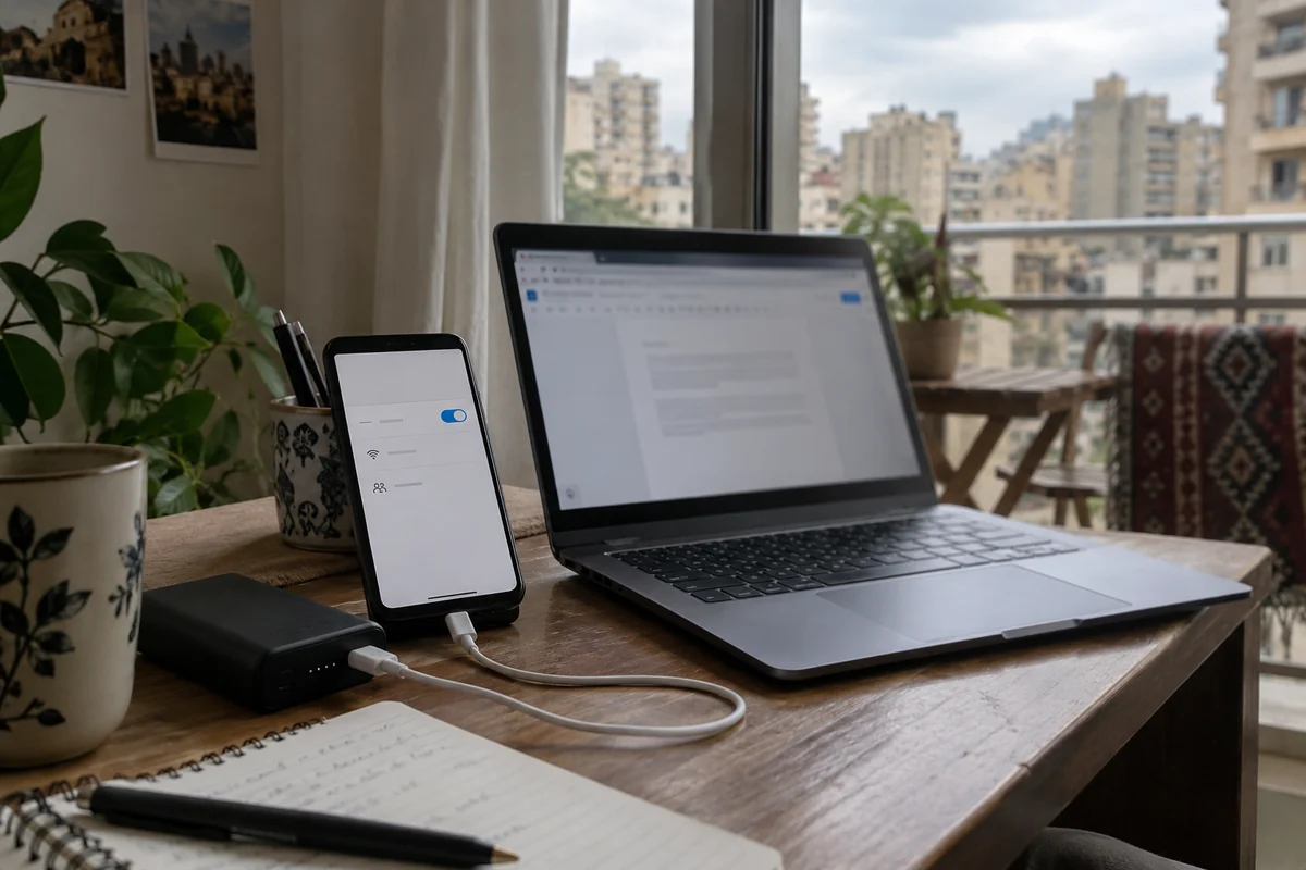 A phone hotspot restores a laptop connection at a Beirut apartment workspace.
