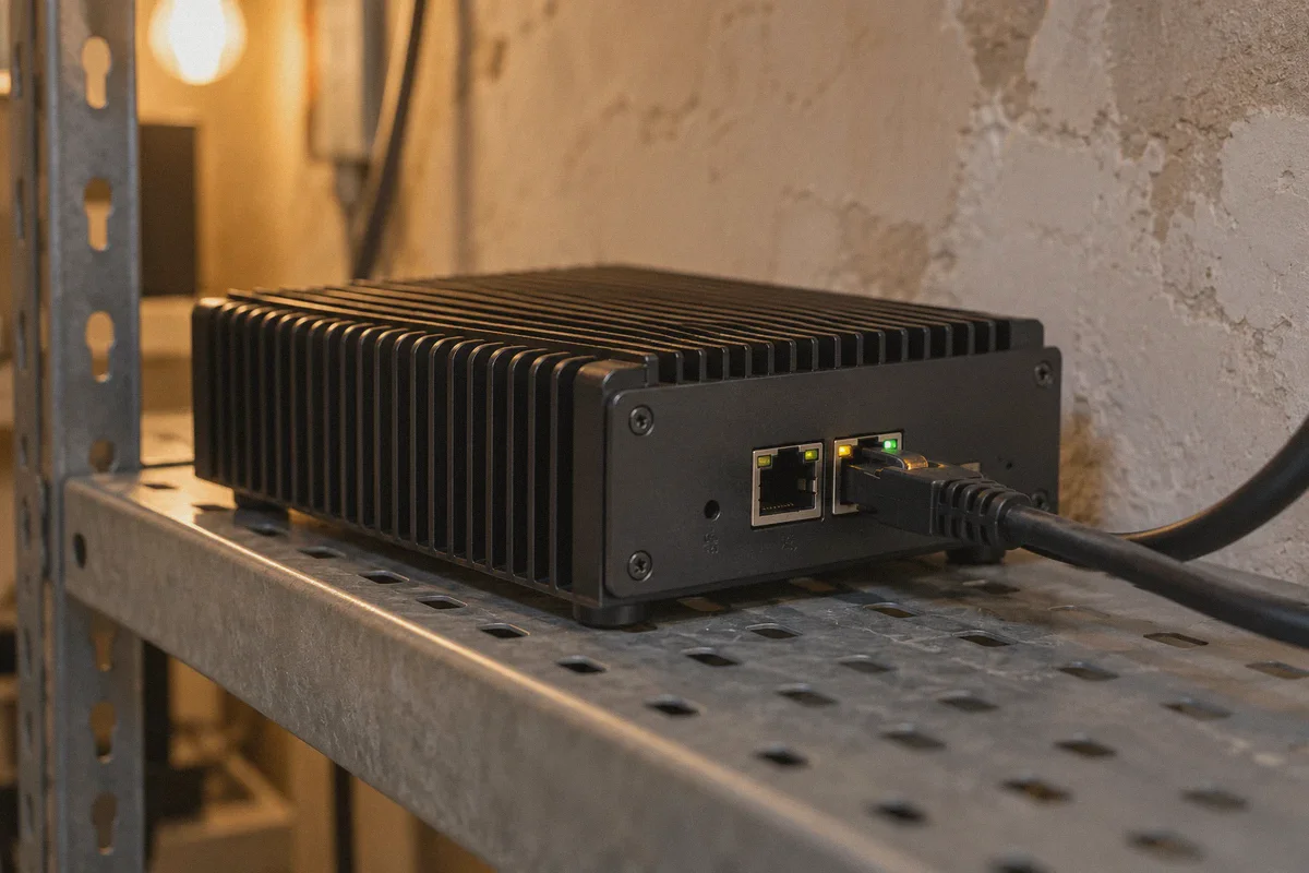 A compact headless computer on a home-lab shelf.