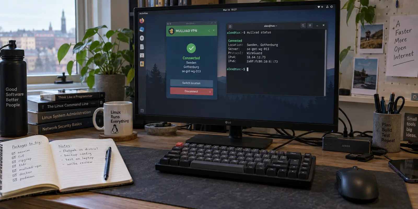 A Linux workstation shows Mullvad connected in both its desktop app and terminal