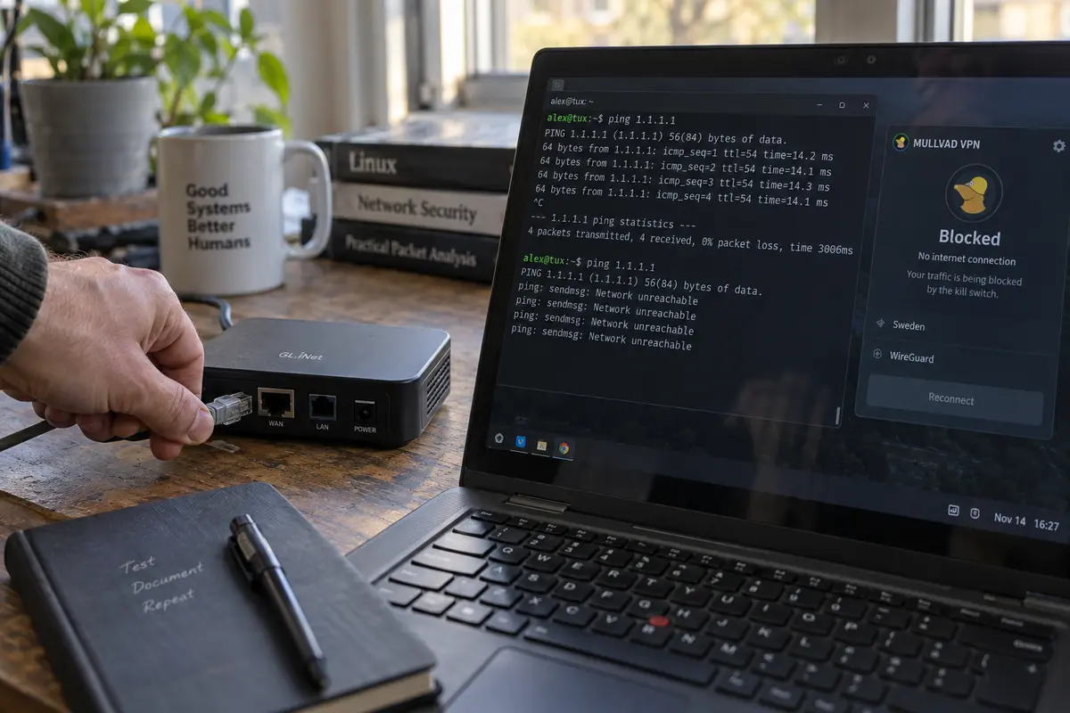 A Linux user unplugs a test router while Mullvad blocks traffic and the terminal reports the network unreachable