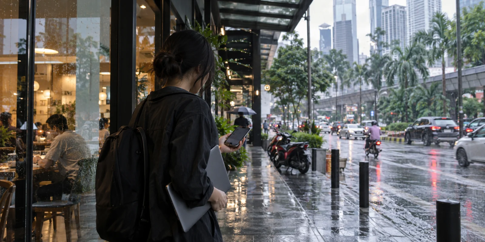A remote worker checks a reconnecting phone while leaving a Kuala Lumpur café for mobile data.