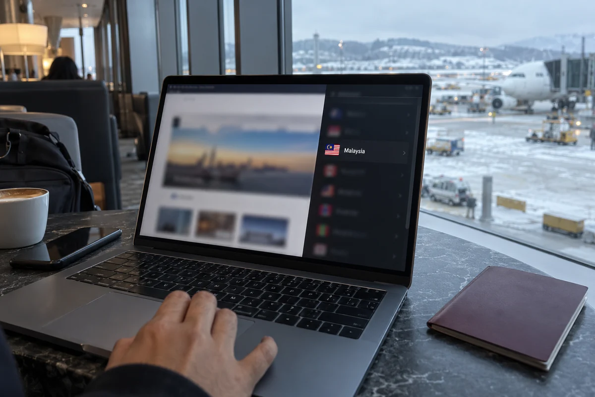 A traveler abroad selects a Malaysian VPN endpoint from an airport lounge.