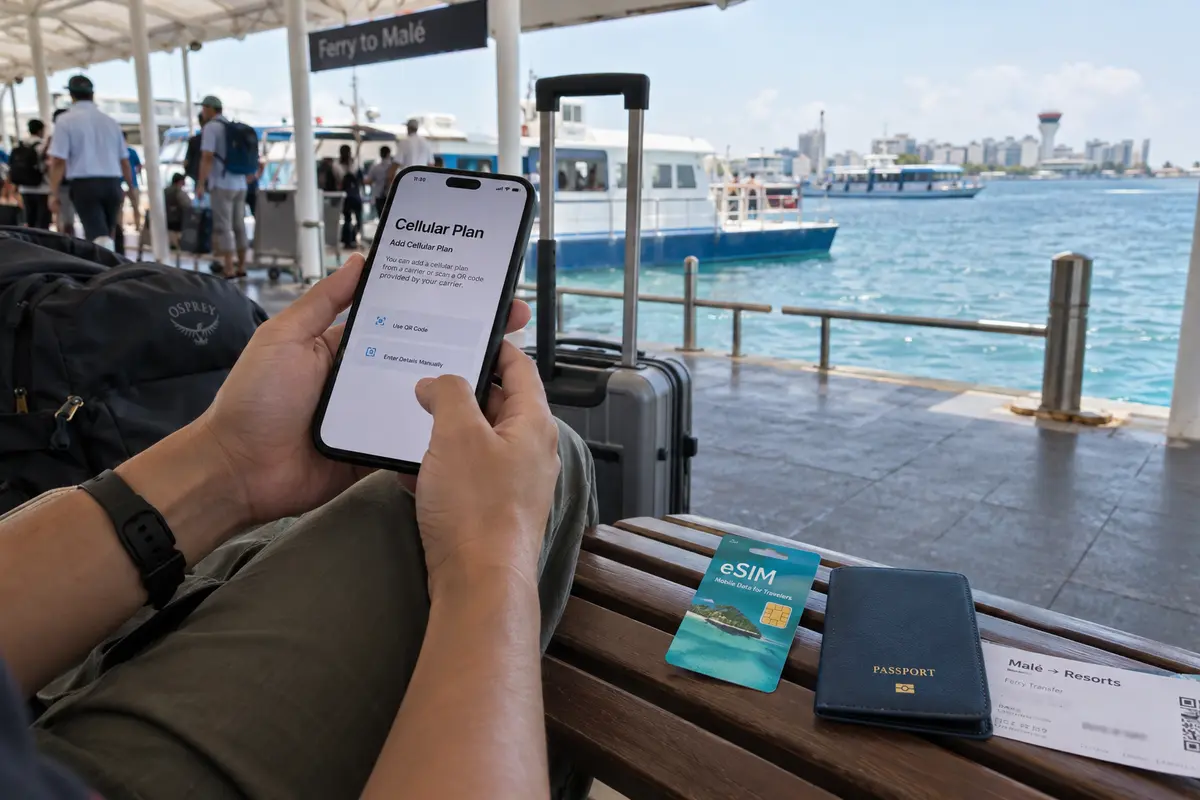 A traveler activates a cellular plan at the Velana airport ferry jetty before leaving for the islands.