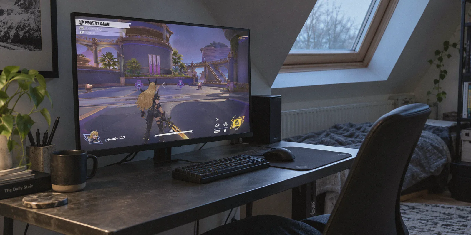 Marvel Rivals on an attic gaming monitor with a high latency reading.