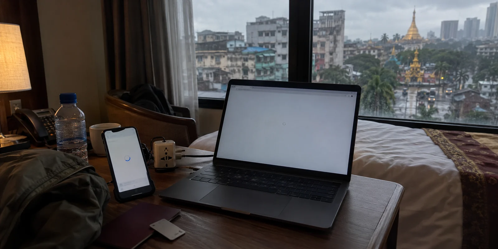 A VPN download stalls on a traveler’s phone and laptop in a Yangon hotel.