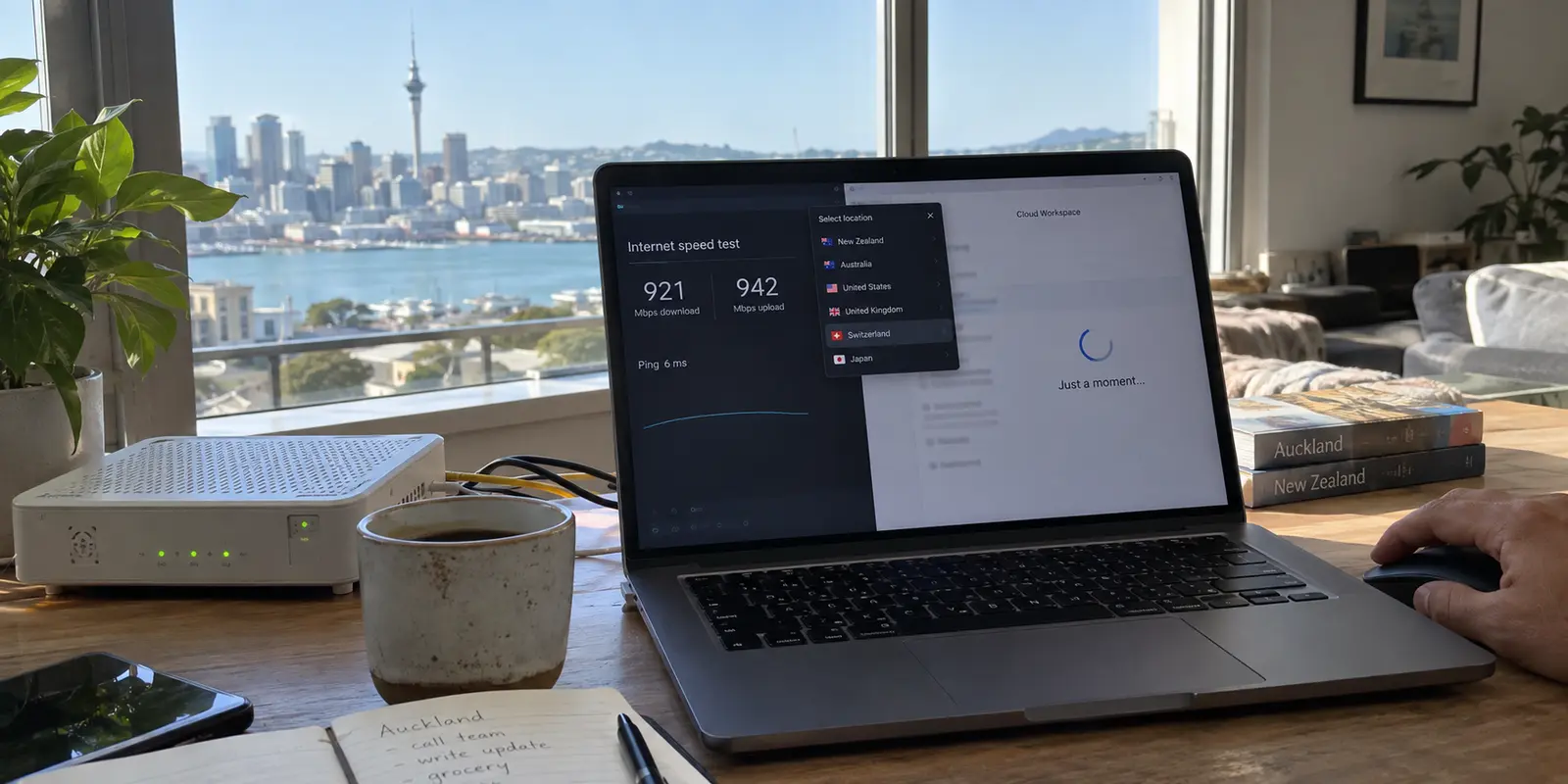 A fast Auckland fibre connection becomes sluggish after a distant Switzerland route is selected on a laptop.