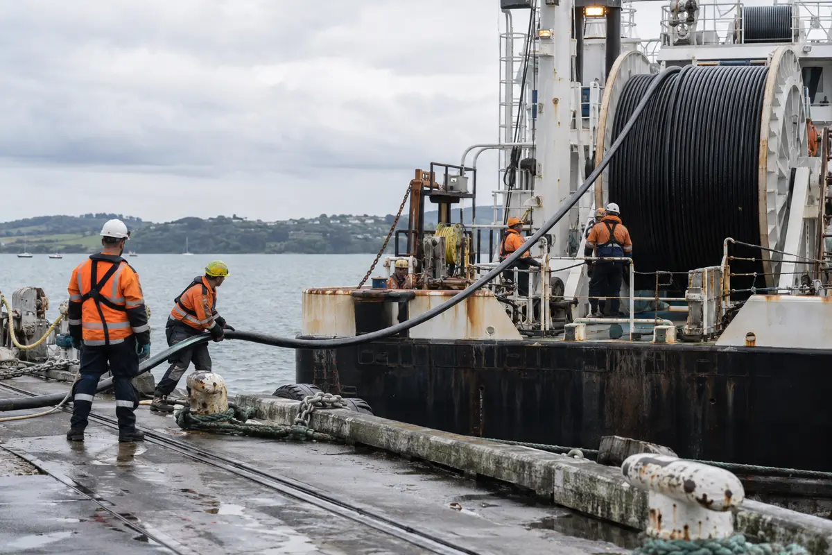 Technicians guide a thick subsea telecommunications cable from a working vessel at an Auckland wharf.