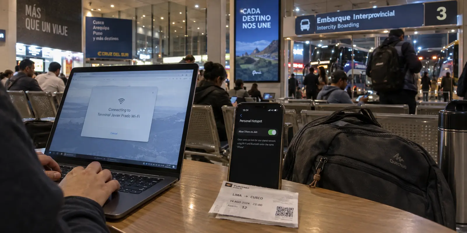 A remote worker switches between terminal Wi-Fi and a phone hotspot before boarding a bus from Lima to Cusco.