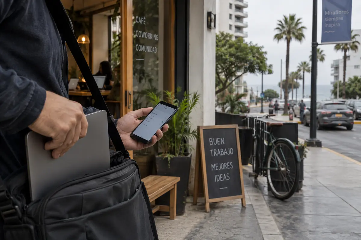 A remote worker leaves a Miraflores coworking café while checking a phone connection and packing a laptop.
