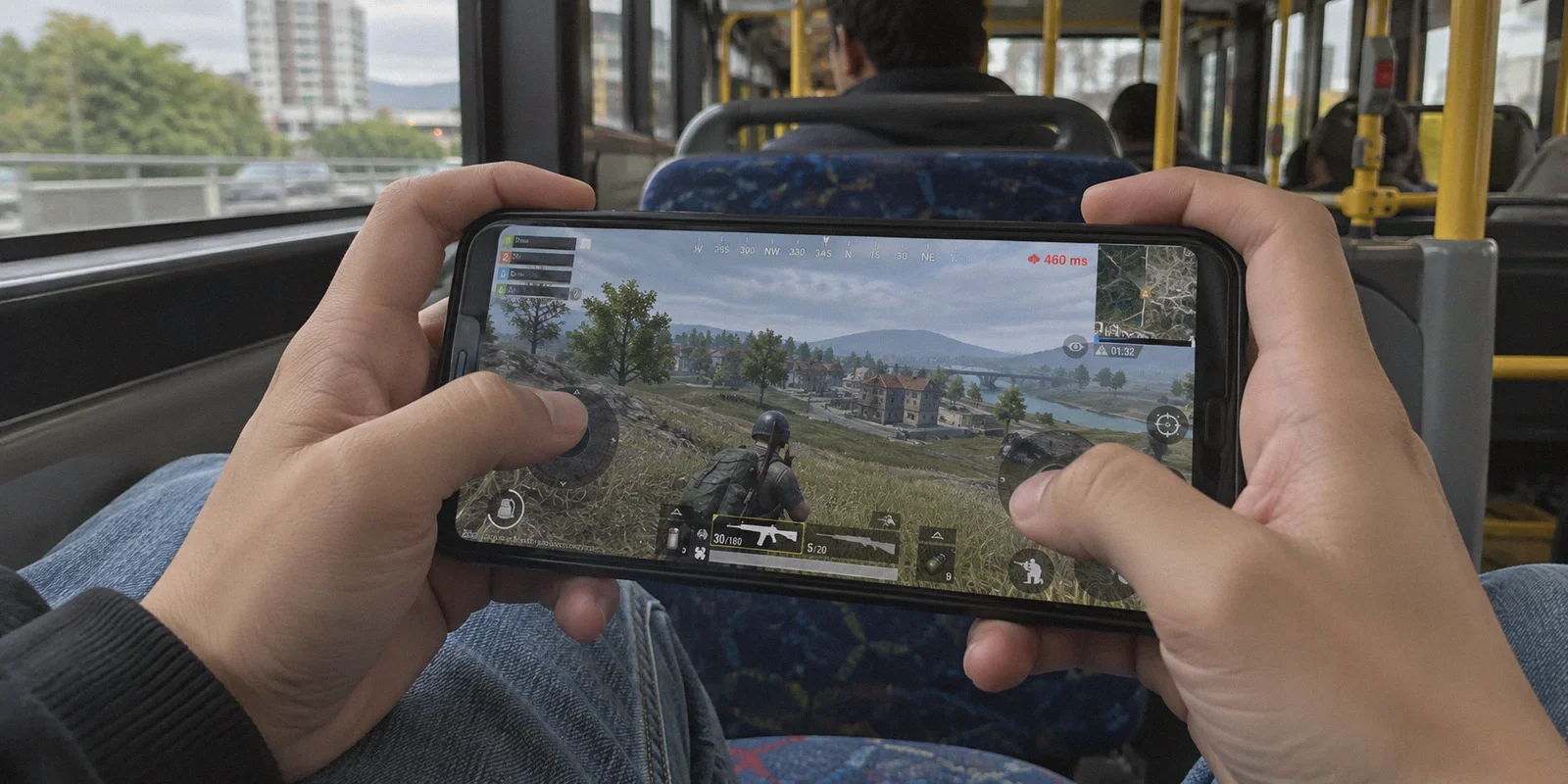 Mobile battle royale game on a phone during a bus journey.
