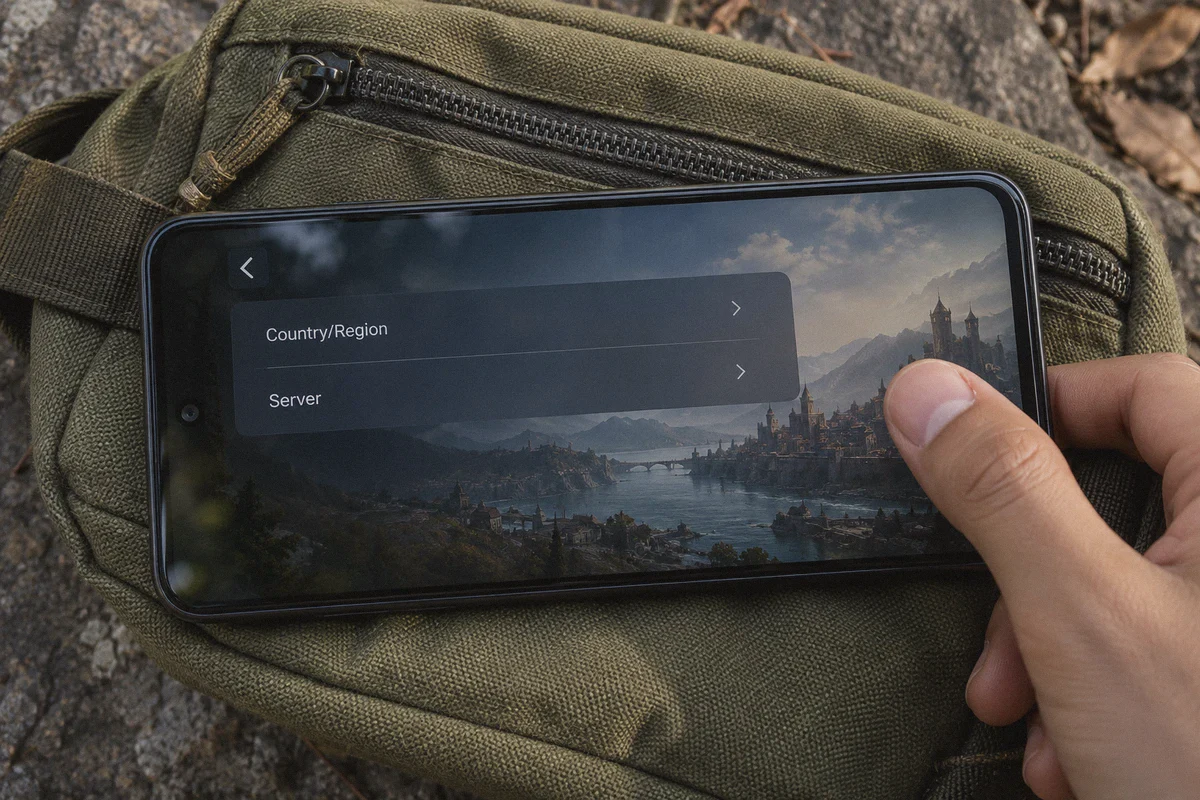 Account region and server settings on a gaming phone.