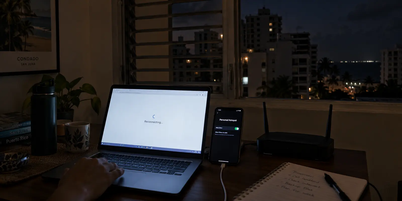 A laptop reconnects through a phone hotspot after the router loses power in a Condado apartment.
