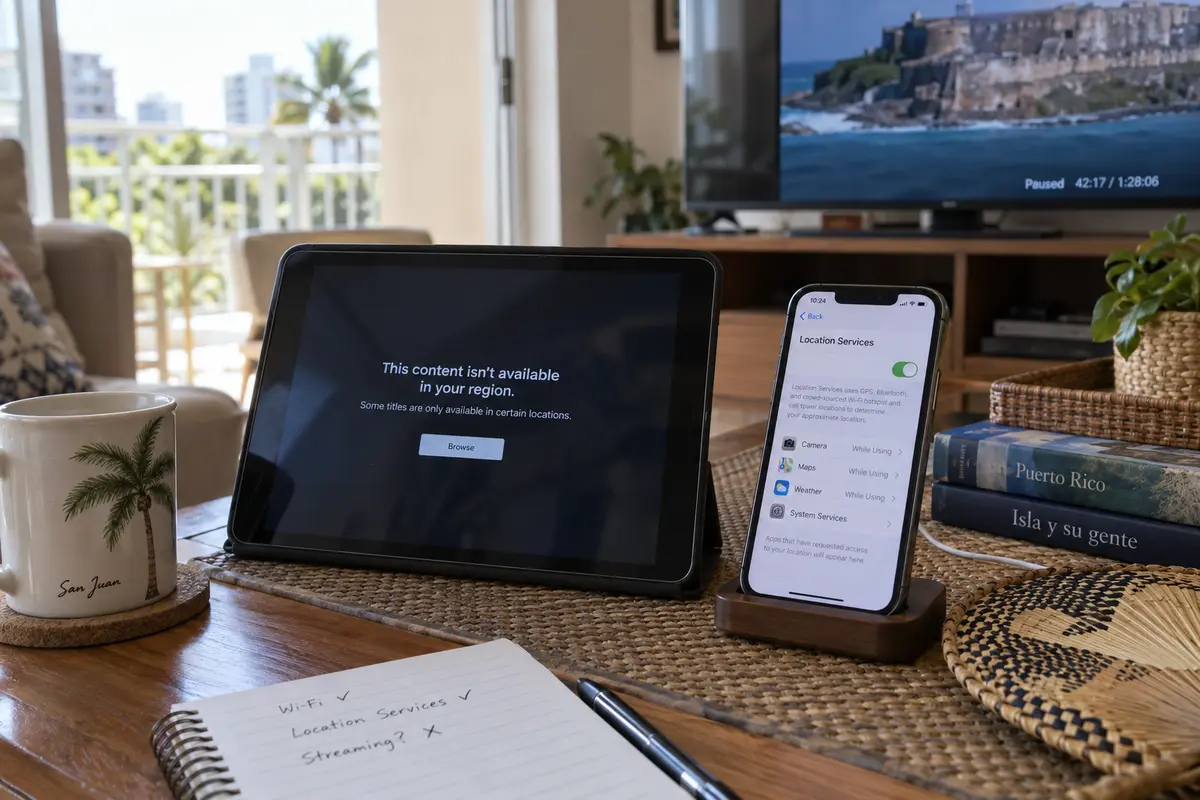 A tablet shows a regional streaming notice beside a phone with Location Services open in a San Juan home.