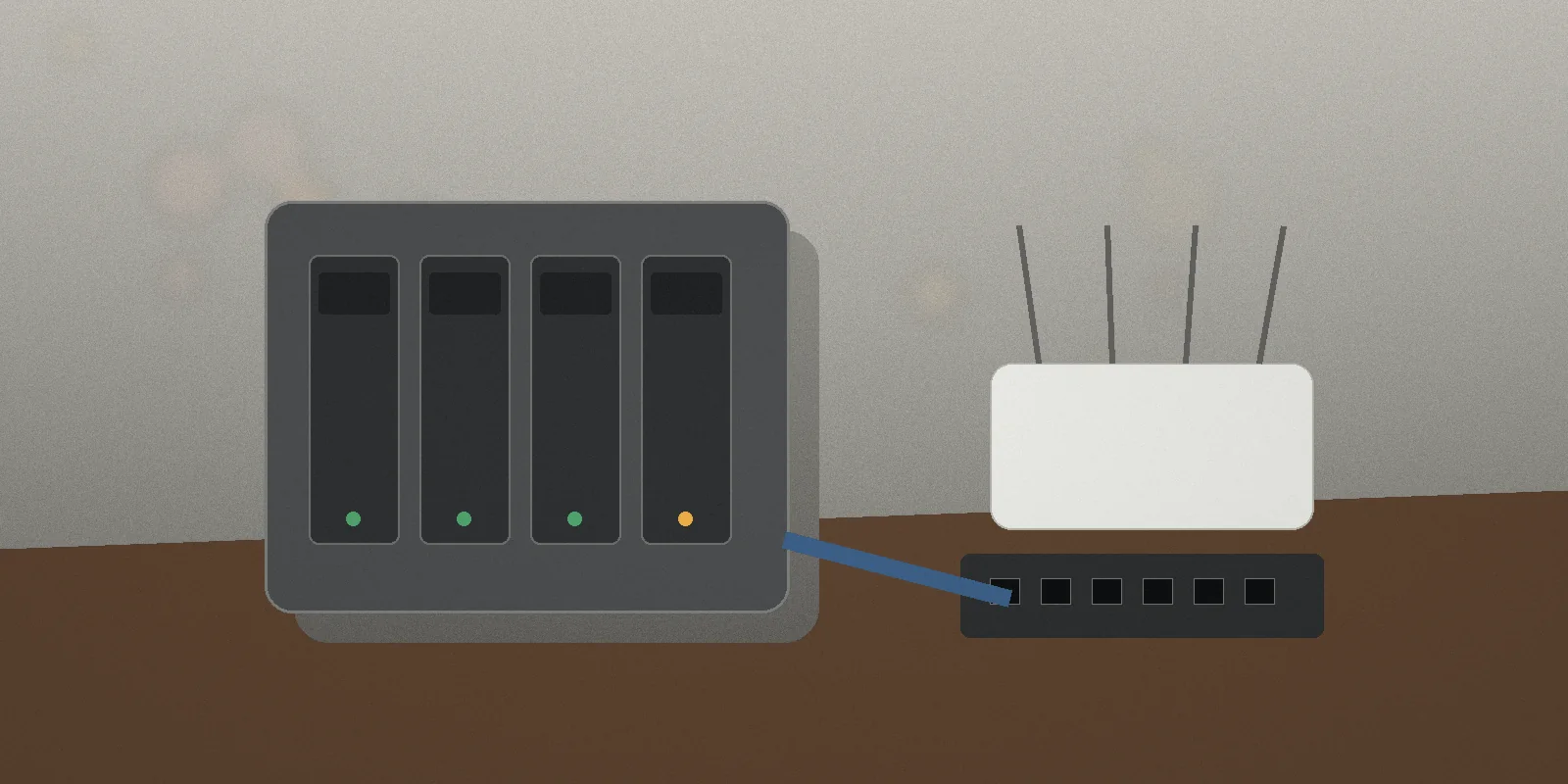 A four-bay NAS beside a router and network switch in a home network