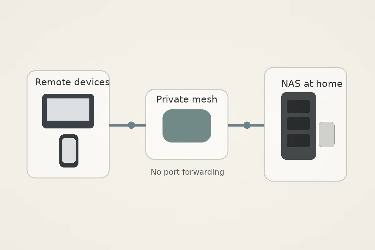 Diagram of remote devices reaching a home NAS through a private mesh without port forwarding