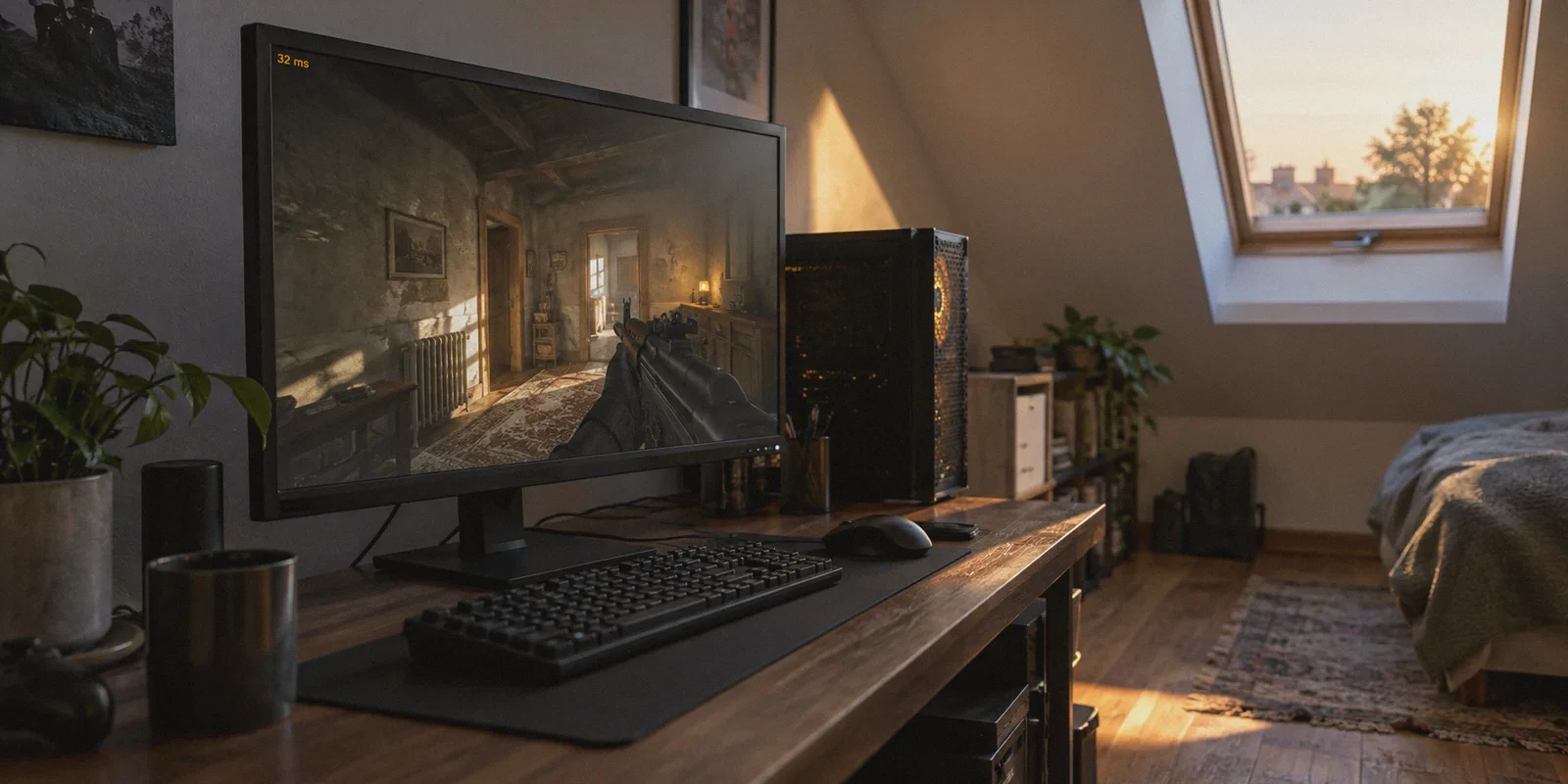 Tactical shooter on a monitor in an attic gaming space
