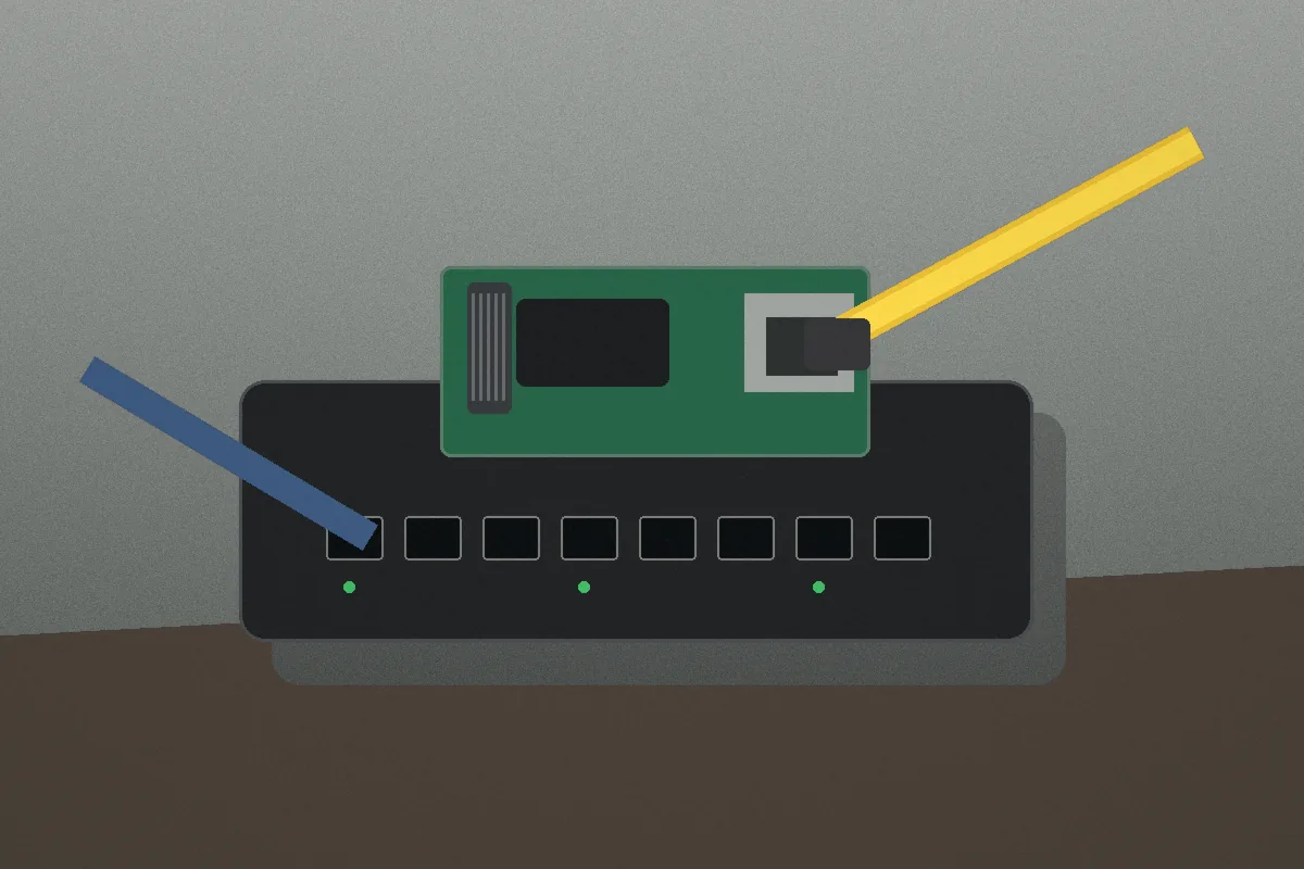 A small single-board computer installed with a network switch and Ethernet cables