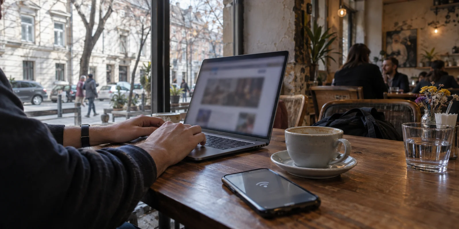 A traveler uses working public Wi-Fi in a neighborhood café in Belgrade.