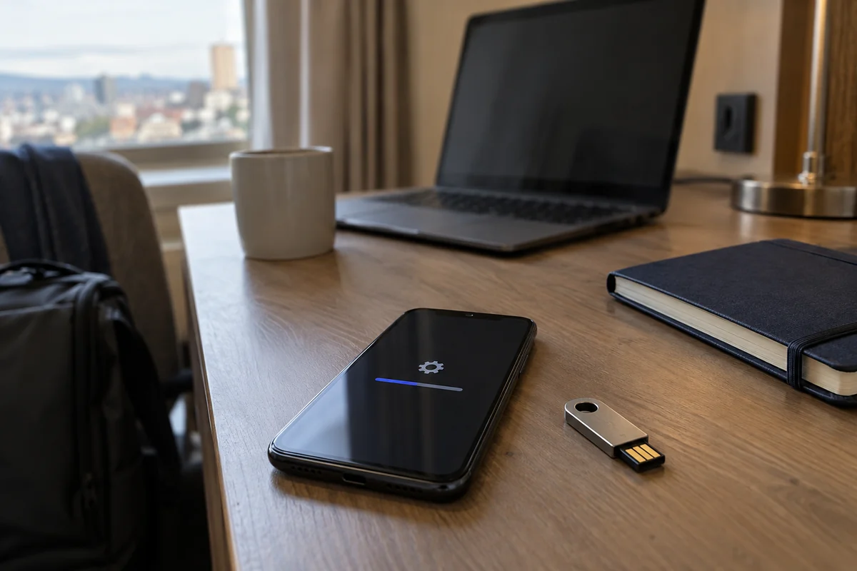 A phone installs a security update beside a physical hardware security key.