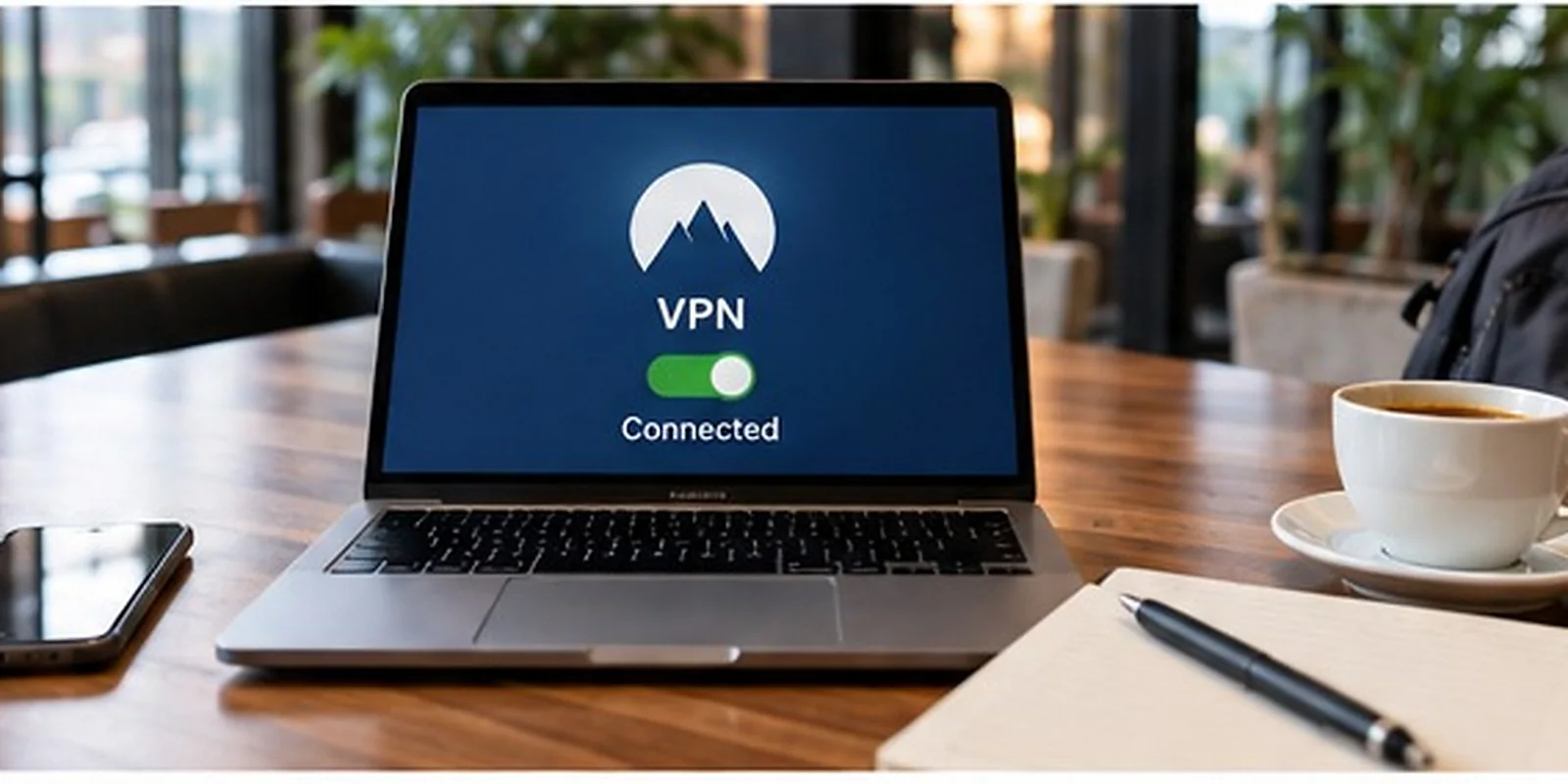 A work laptop connected to a VPN at a café during a business trip.