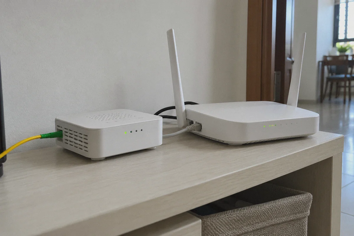 Fiber terminal and router on a shelf in a Singapore home.