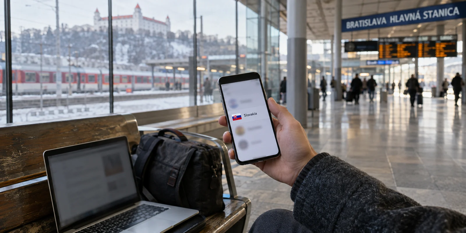 A traveler considers the Slovakia route in a VPN location picker at Bratislava railway station.