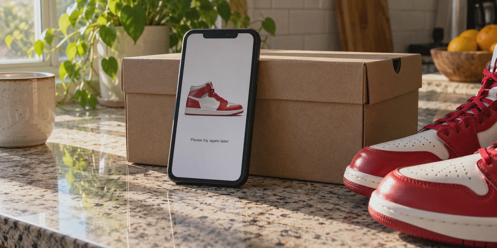 A sneaker draw page shows an error on a phone beside a shoebox.