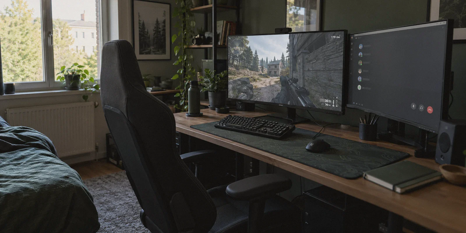 Dual-monitor gaming setup showing a high latency counter.