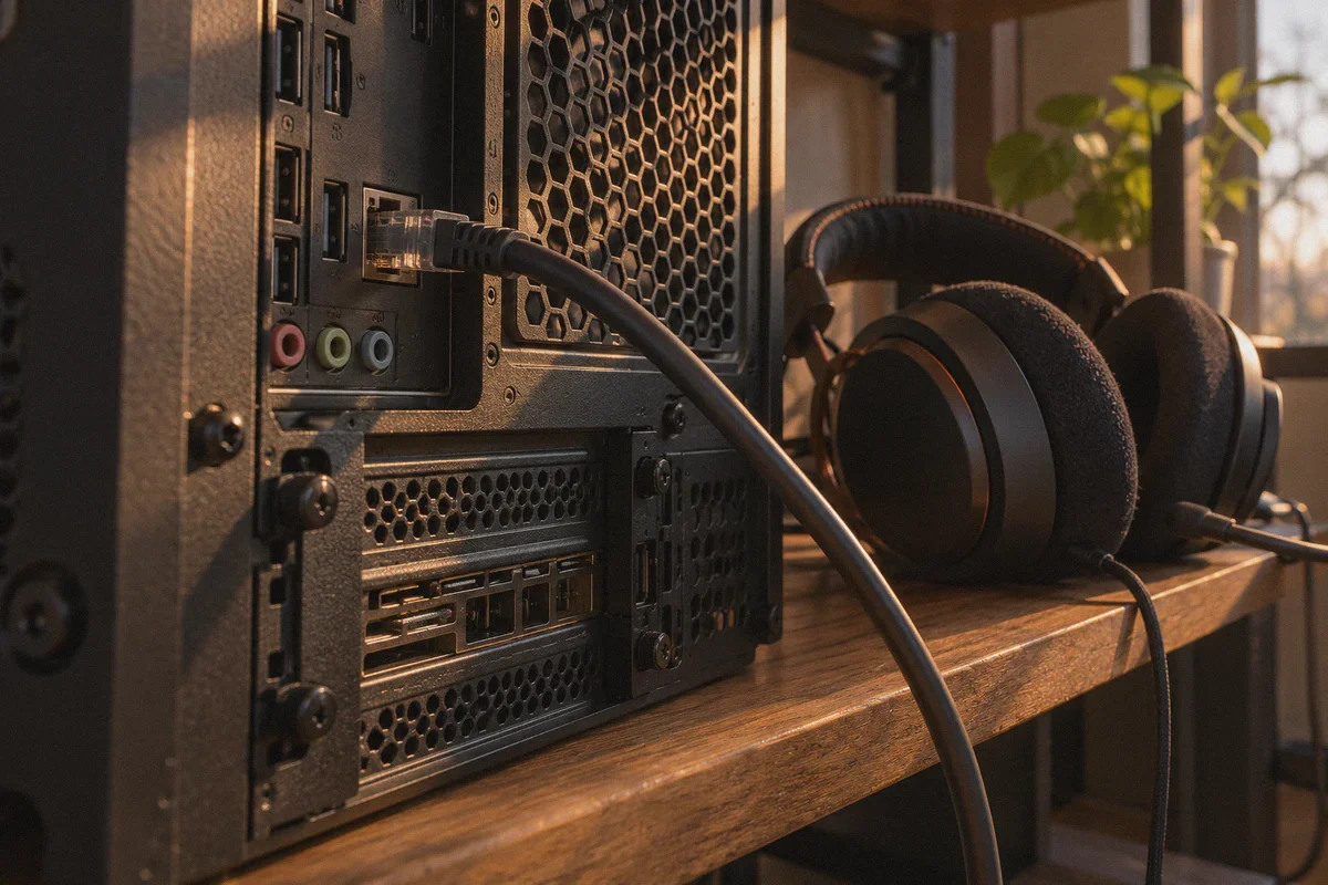 Ethernet cable and wired headset beside a desktop PC.