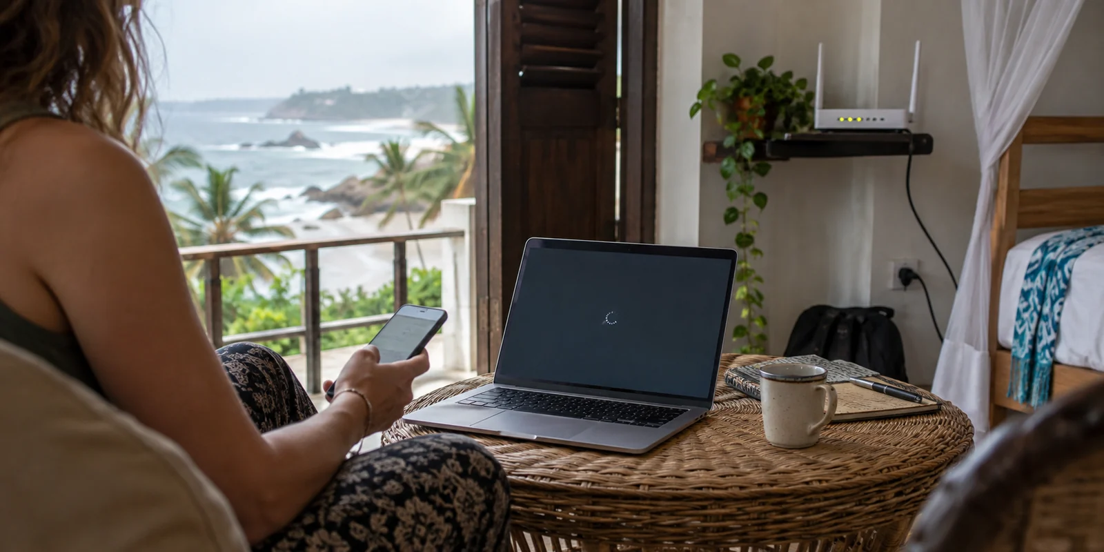 A VPN connection stalls on guesthouse Wi-Fi at a beachside room in Mirissa.