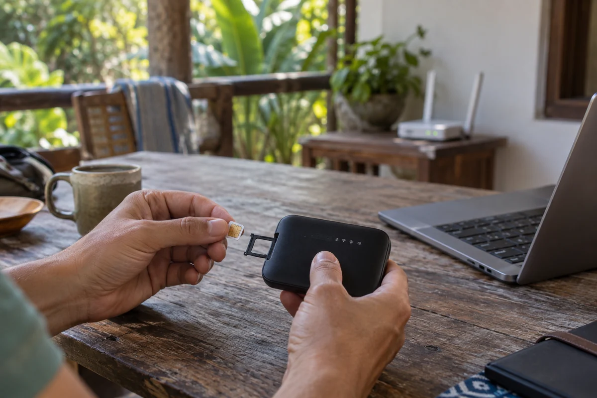 A traveler inserts a local SIM into a mobile hotspot at a Sri Lankan guesthouse.